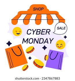 Cyber Monday. Big seasonal sale and discount for online shopping. Character purchasing goods in the internet, in mobile app or social media blog. Flat vector illustration