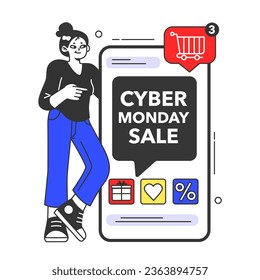 Cyber Monday. Big seasonal sale and discount for online shopping. Character purchasing goods in the internet, in mobile app or social media blog. Flat vector illustration