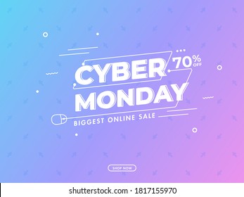 Cyber Monday Biggest Online Sale Poster Design with 70% Discount Offer on Blue and Pink Gradient Background.