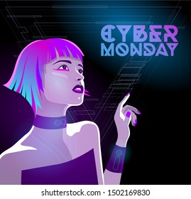 Cyber monday and Black Friday runner. Cyberpunk cyborg girl vector illustration