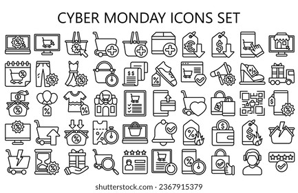 Cyber monday black outline icons set, contain online shopping, discounts, and e-commerce promotions. use for modern concept, UI or UX kit, web and app development. vector EPS 10.