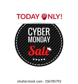 Cyber Monday black round leather label or price tag with discount balloon on white background, vector illustration