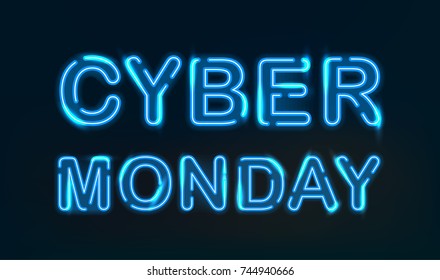 Cyber Monday blue neon light on dark background.