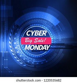 Cyber monday blue technology background with hologram line and text in vector. Light futuristic concept, digital light blue. Clean modern background with neon