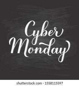 Cyber Monday calligraphy hand lettering on chalkboard background. Seasonal shopping sign. Easy to edit vector template for logo design, advertising poster, banner, flyer, etc.