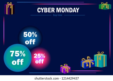 Cyber Monday card. Simple design for online shopping concept. Sales signs and colorful gift boxes.