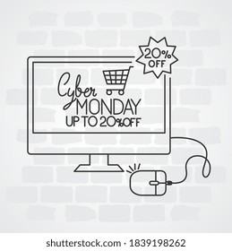 ciberlunes con carrito en diseño de computadora, venta ecommerce compra en línea tema Vector ilustración