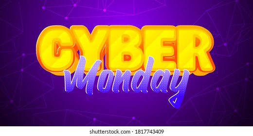 Cyber Monday Cartoon Style Text On Polygonal Shapes And Purple Color Background