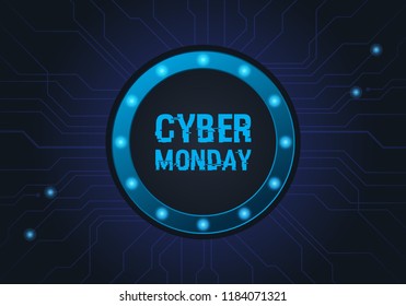Cyber Monday with circle light frame on technology circuit board background. Vector Illustration