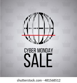 cyber monday, code bars and circle over green color backdrop