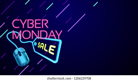 Cyber Monday colorful neon style conceptual sign sales background, banner, poster, flyer template, vector illustration