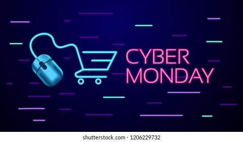 Cyber Monday colorful neon style conceptual sign sales background, banner, poster, flyer template, vector illustration