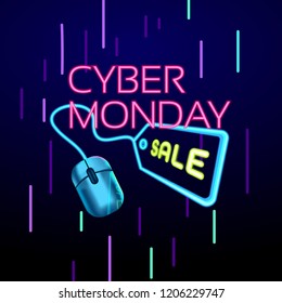 Cyber Monday colorful neon style conceptual sign sales background, banner, poster, flyer template, vector illustration