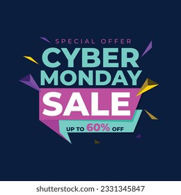 Cyber Monday Colorful Neon Style Super Sale Web Banner. Cyber Monday Sale Special Offer Social Media Post Design. Business, Promotion, and Advertising Vector Template. Seasonal Offers Mega Big Sale