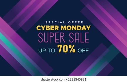 Cyber Monday Colorful Neon Style Super Sale Web Banner. Cyber Monday Sale Special Offer Social Media Post Design. Business, Promotion, and Advertising Vector Template. Seasonal Offers Mega Big Sale