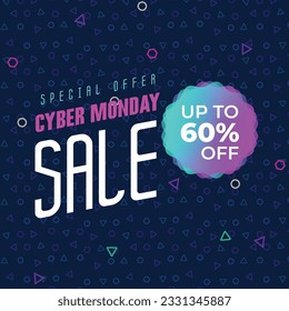 Cyber Monday Colorful Neon Style Super Sale Web Banner. Cyber Monday Sale Special Offer Social Media Post Design. Business, Promotion, and Advertising Vector Template. Seasonal Offers Mega Big Sale