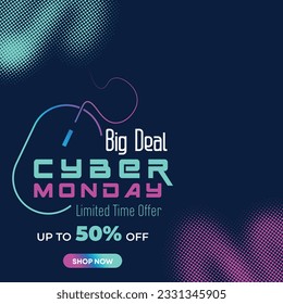 Cyber Monday Colorful Neon Style Super Sale Web Banner. Cyber Monday Sale Special Offer Social Media Post Design. Business, Promotion, and Advertising Vector Template. Seasonal Offers Mega Big Sale