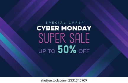 Cyber Monday Colorful Neon Style Super Sale Web Banner. Cyber Monday Sale Special Offer Social Media Post Design. Business, Promotion, and Advertising Vector Template. Seasonal Offers Mega Big Sale