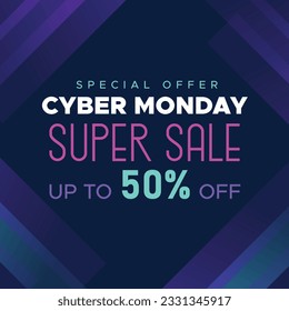 Cyber Monday Colorful Neon Style Super Sale Web Banner. Cyber Monday Sale Special Offer Social Media Post Design. Business, Promotion, and Advertising Vector Template. Seasonal Offers Mega Big Sale