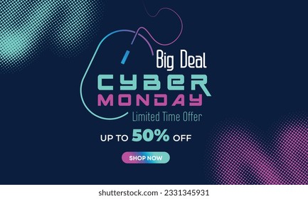 Cyber Monday Colorful Neon Style Super Sale Web Banner. Cyber Monday Sale Special Offer Social Media Post Design. Business, Promotion, and Advertising Vector Template. Seasonal Offers Mega Big Sale