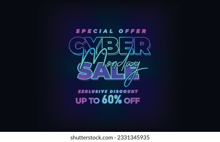 Banner web de Super Venta al Estilo Neon del Lunes Cibernético. Oferta Especial de Venta de Lunes Cibernéticos Diseño de Publicaciones en Medios Sociales. Plantilla de vectores de negocio, promoción y publicidad. Temporada Ofrece Mega Gran Venta