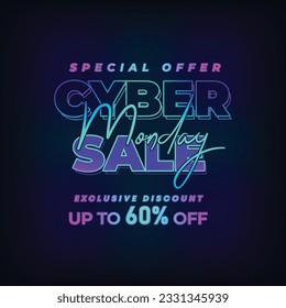 Cyber Monday Colorful Neon Style Super Sale Web Banner. Cyber Monday Sale Special Offer Social Media Post Design. Business, Promotion, and Advertising Vector Template. Seasonal Offers Mega Big Sale