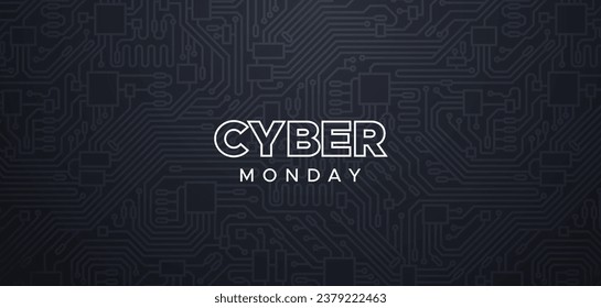 Cyber Montag kommerzielle Veranstaltung, Verkauf Banner Design. Jährlicher Elektronikverkauf, Vektorgrafik. Typografisches Zeichen auf schwarzem Hintergrund mit Leiterplattenmuster