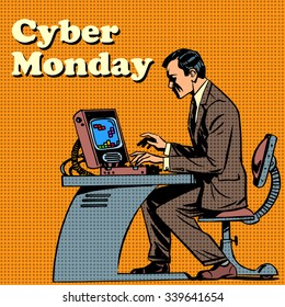 Cyber Monday computer and human pop art retro style