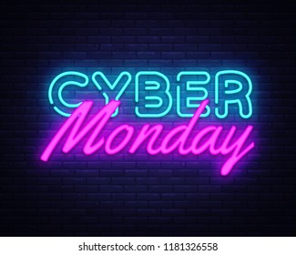 Cyber Monday concept banner in fashionable neon style, luminous signboard, nightly advertising of sales rebates of cyber Monday. Vector illustration for your projects