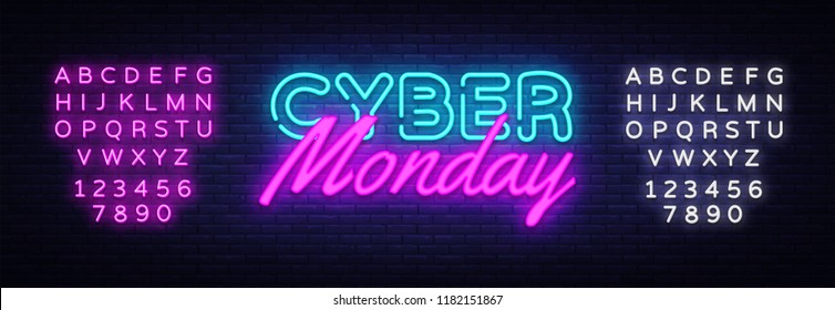 Cyber Monday concept banner in fashionable neon style, luminous signboard, nightly advertising of sales rebates of cyber Monday. Vector illustration for your projects. Editing text neon sign