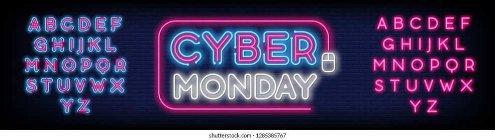 Cyber Monday concept banner in fashionable neon style  luminous signboard  nightly advertising advertisement and With Brick Wall Background. Vector Illustration. Editing Text Neon Sign