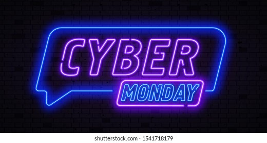 Cyber Monday concept banner in fashionable neon style, luminous signboard, nightly advertising advertisement of sales rebates of cyber Monday. Vector illustration for your projects.