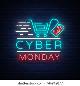 Cyber Monday concept banner in fashionable neon style, luminous signboard, nightly advertising advertisement of sales rebates of cyber Monday. Vector illustration for your projects.