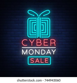 Cyber Monday concept banner in fashionable neon style, luminous signboard, nightly advertising advertisement of sales rebates of cyber Monday. Vector illustration for your projects.