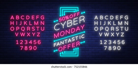 Cyber Monday concept banner in fashionable neon style, luminous signboard, advertisement of sales rebates of cyber Monday. Vector illustration for your projects. Editing text neon sign.