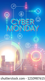 Cyber Monday concept banner in futuristic style. City landscape in sun rays. Icons of internet or online store  connection each other. Sign of discounted event. Vector web doodle.