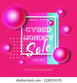 Cyber Monday concept banner in modern neon style. Abstract poster with pink ball, dynamic background for web e-mail promotion. Online shopping. Business offer cyber Monday. Vector illustration