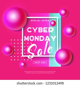 Cyber Monday concept banner in modern neon style. Abstract poster with pink ball, dynamic background for web promotion. Promotion online retailers. Business offer cyber Monday. Vector illustration