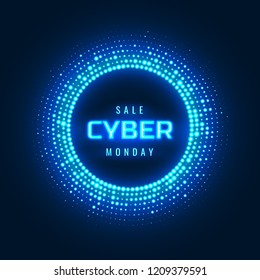 Cyber Monday concept banner with neon glowing halftone circle. Luminous  cyber design element. Vector futuristic promotional background 