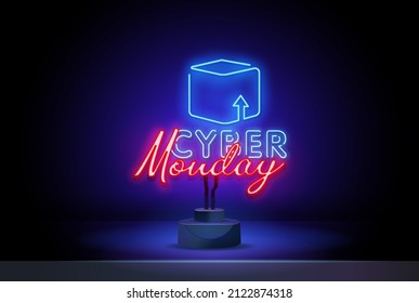 Cyber Monday concept banner in neon style, luminous signboard, nightly advertising of sales rebates of cyber Monday. Vector illustration for your projects