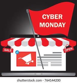 Cyber Monday concept banner in a red flag fashion style with online shoping - Advertisement of sales cyber Monday. Vector illustration for your projects.