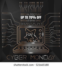 Cyber Monday concept design. Abstract geometrical black background with gold inscription - Special discount. Limited time only. Technology banner for Cyber Monday. Vector illustration