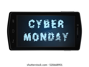 Cyber Monday concept design. Mobile phone with the inscription on the screen - Cyber Monday. Vector illustration isolated on white background