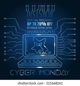 Cyber Monday concept design. Technology banner for Cyber Monday. Dark blue background with inscription - Special discount. Limited time only. Vector illustration