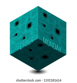 Cyber Monday. Concept discount day in online stores. Abstract techno 3D cube, event name, illustration of a microcircuit.