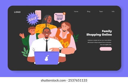 Cyber Monday concept. Diverse family engaging in online shopping, finding deals on a digital platform. Sale, cart, and electronics. Vector illustration.