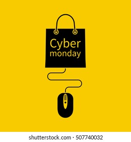 Cyber Monday concept. E-commerce. Online shopping sale with discounts. Vector illustration minimal design. Black silhouette of mouse connecting to bag.