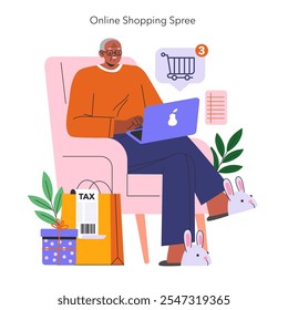 Concepto de Cyber Monday. Una persona mayor disfruta de una experiencia de compra en línea sin complicaciones, sentada cómodamente en casa con múltiples artículos en Carrito. Ilustración vectorial.