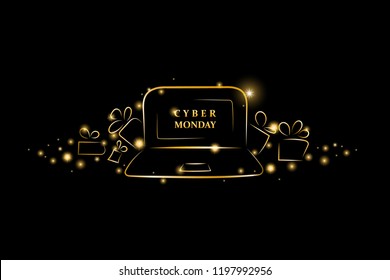 cyber monday concept - glowing laptop  with bright golden contour lines with sparkles, gift boxes, black background, vector illustration