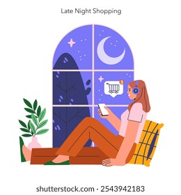 Conceito de Cyber Monday. A mulher gosta de fazer compras on-line em casa ao luar, notificações de carrinho indicando vendas. Ilustração vetorial.